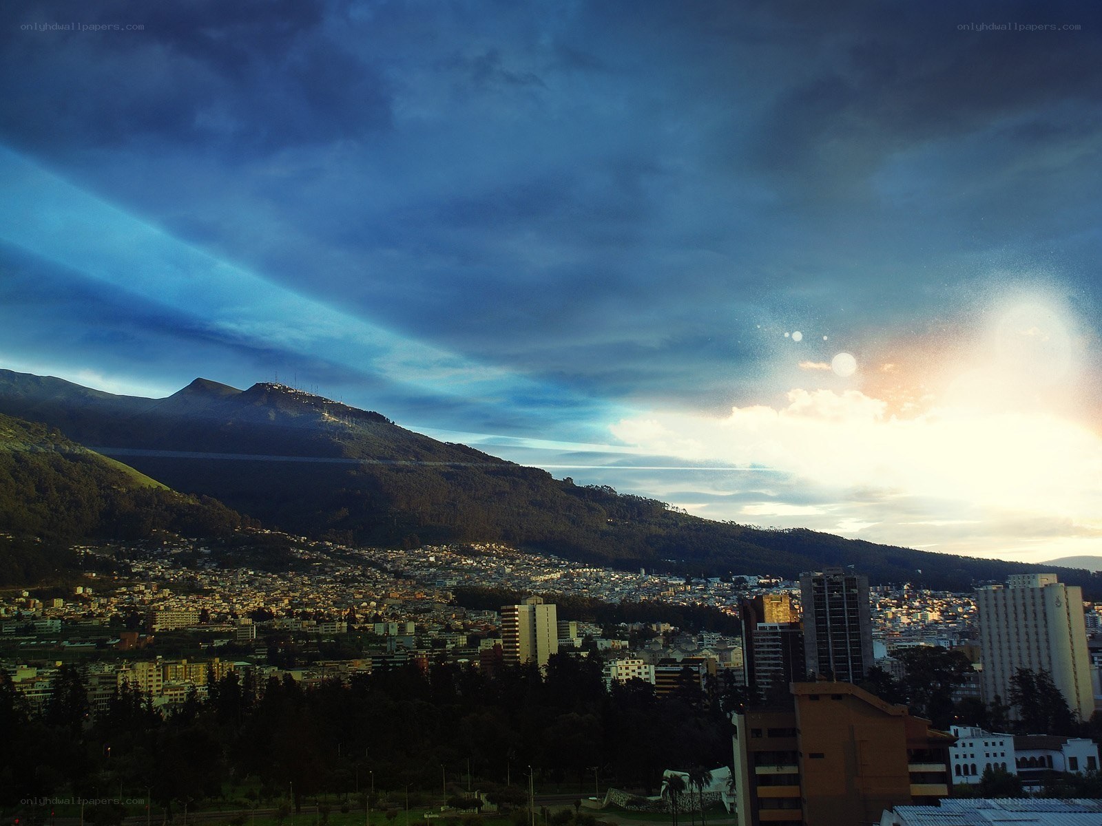 City at sunset with mountain view