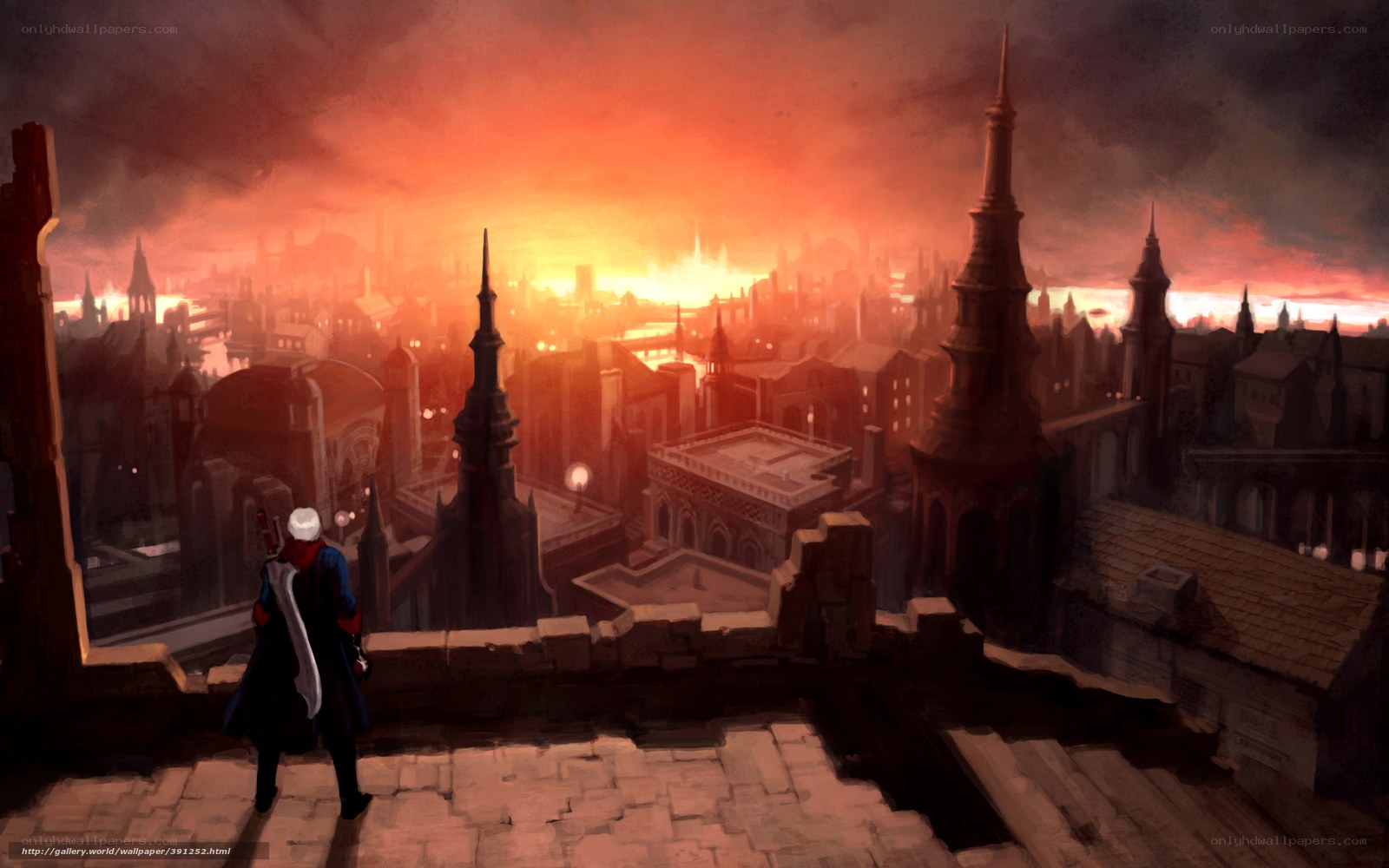 City at sunset with warrior