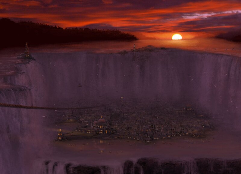 city at the edge of a waterfall