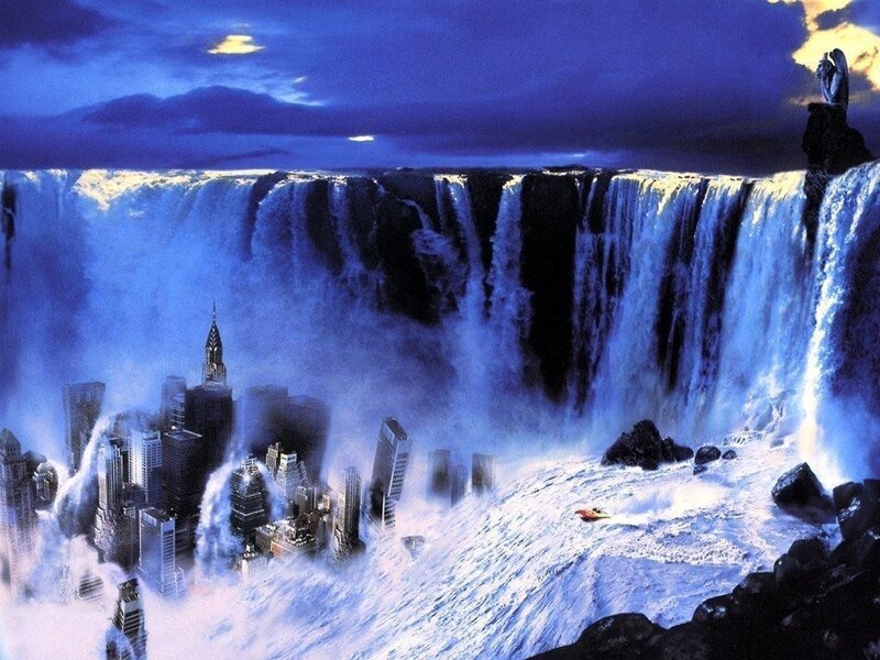 City at the edge of a waterfall