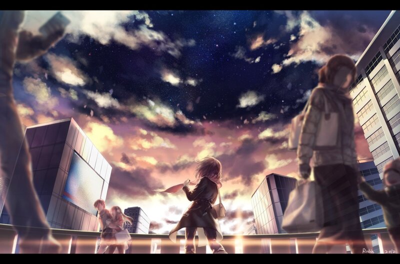 City at twilight with anime figures