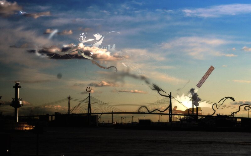 City bridge at sunset with digital art