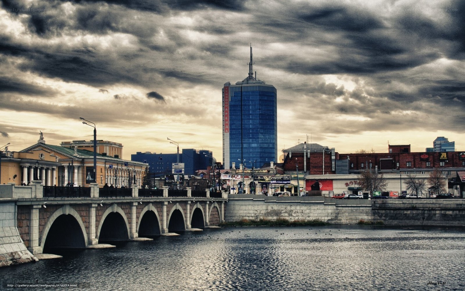City bridge under stormy sky