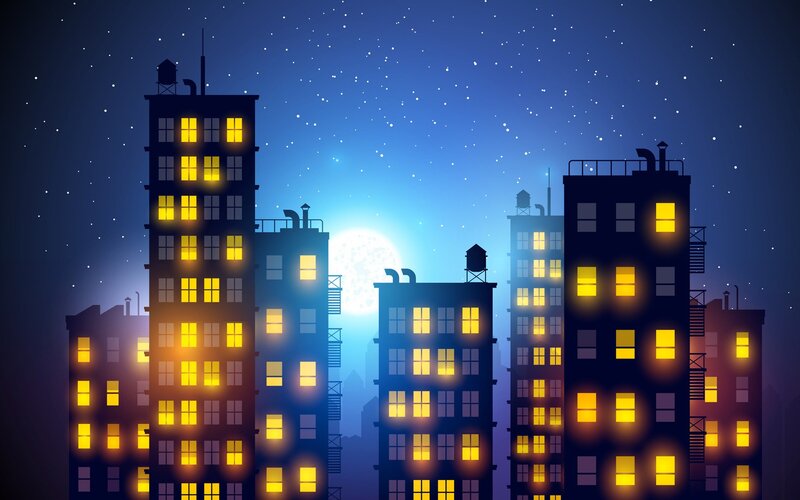 City Buildings at Night — Blue