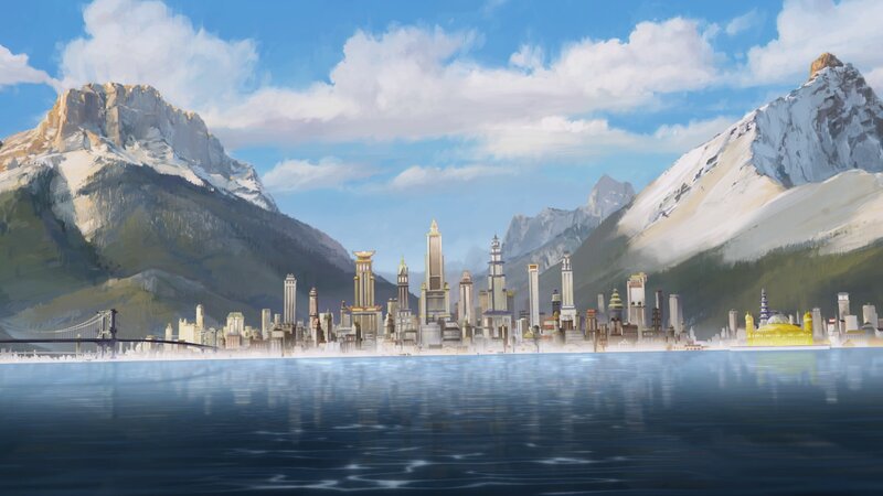 City by Lake and Mountains