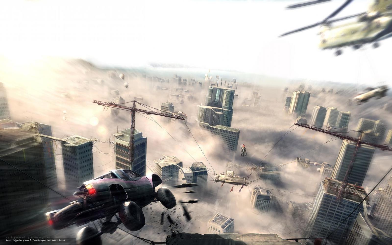 City chaos with flying vehicles