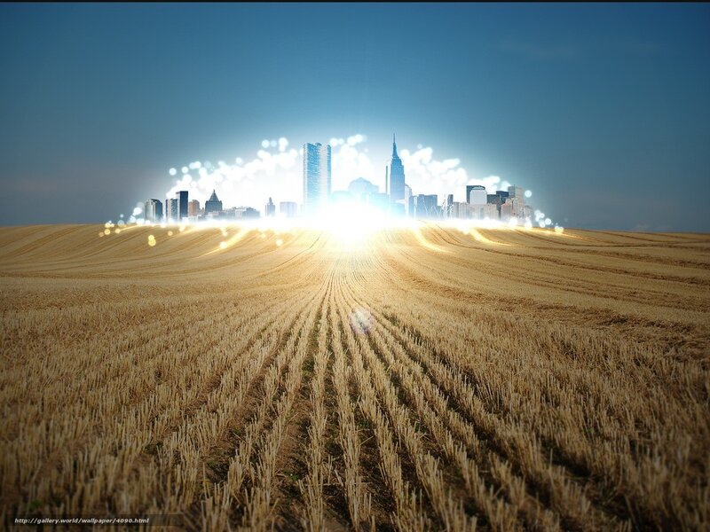 City emerging from a field