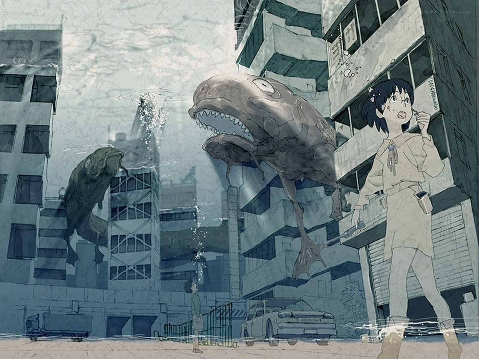 City flooded with sea creatures