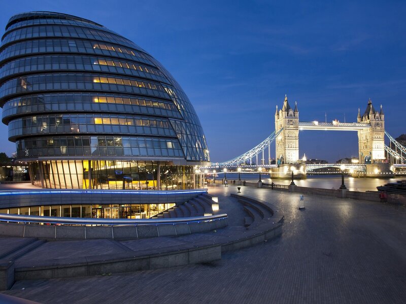 City Hall and Tower Bridge at dusk