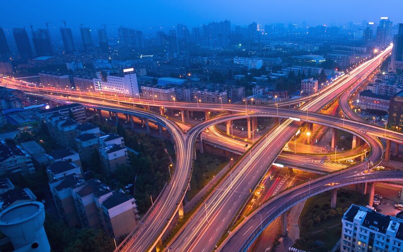 City highway interchange at dusk