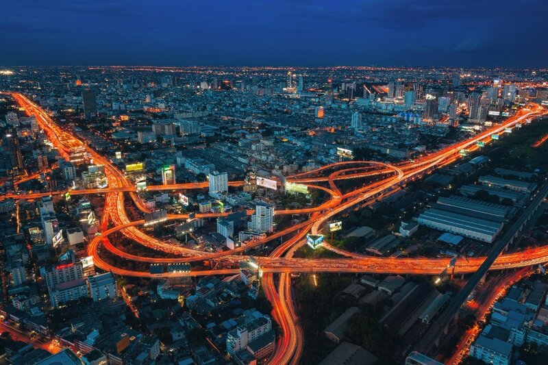 City Highway Interchange — Blue, Dramatic, Night, Photograph, Buildings