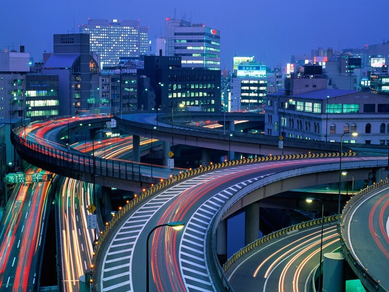 City Highway Interchange — Blue, Dramatic, Night, Photograph