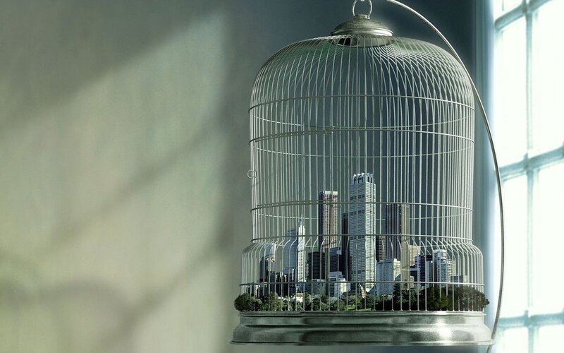 City in a Birdcage — Gray, Dramatic, Afternoon, Digital Art