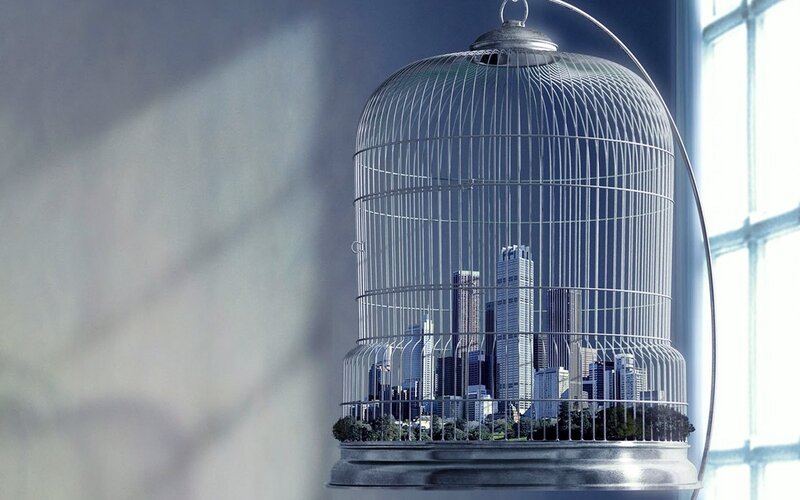 City in a Birdcage — Gray, Dramatic, Digital Art