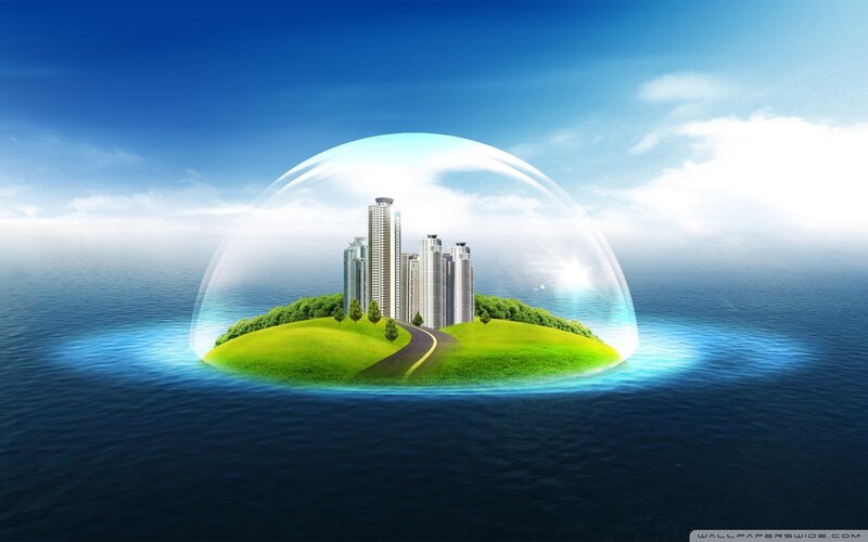 city in a bubble on an island
