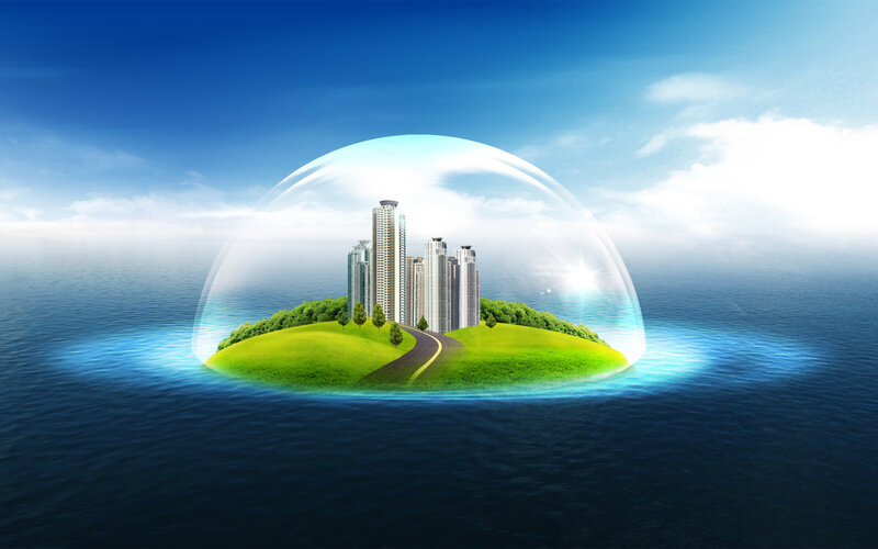 city in a bubble on an island