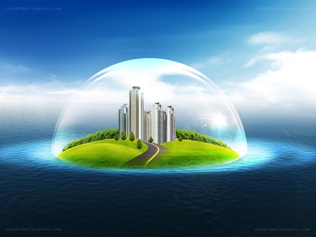 city in a bubble on an island