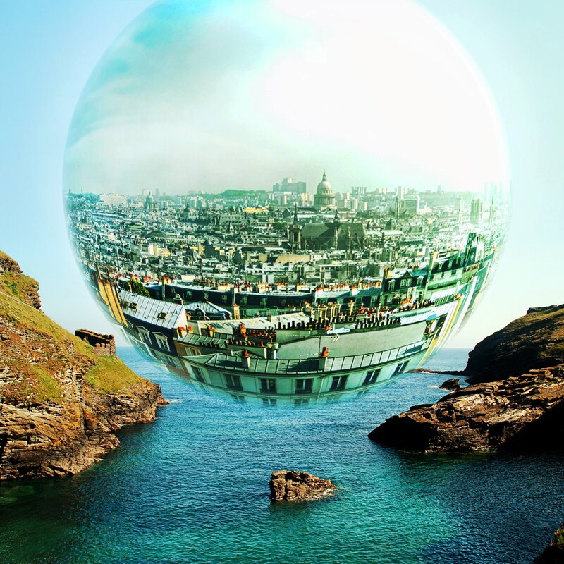 city in a bubble over sea