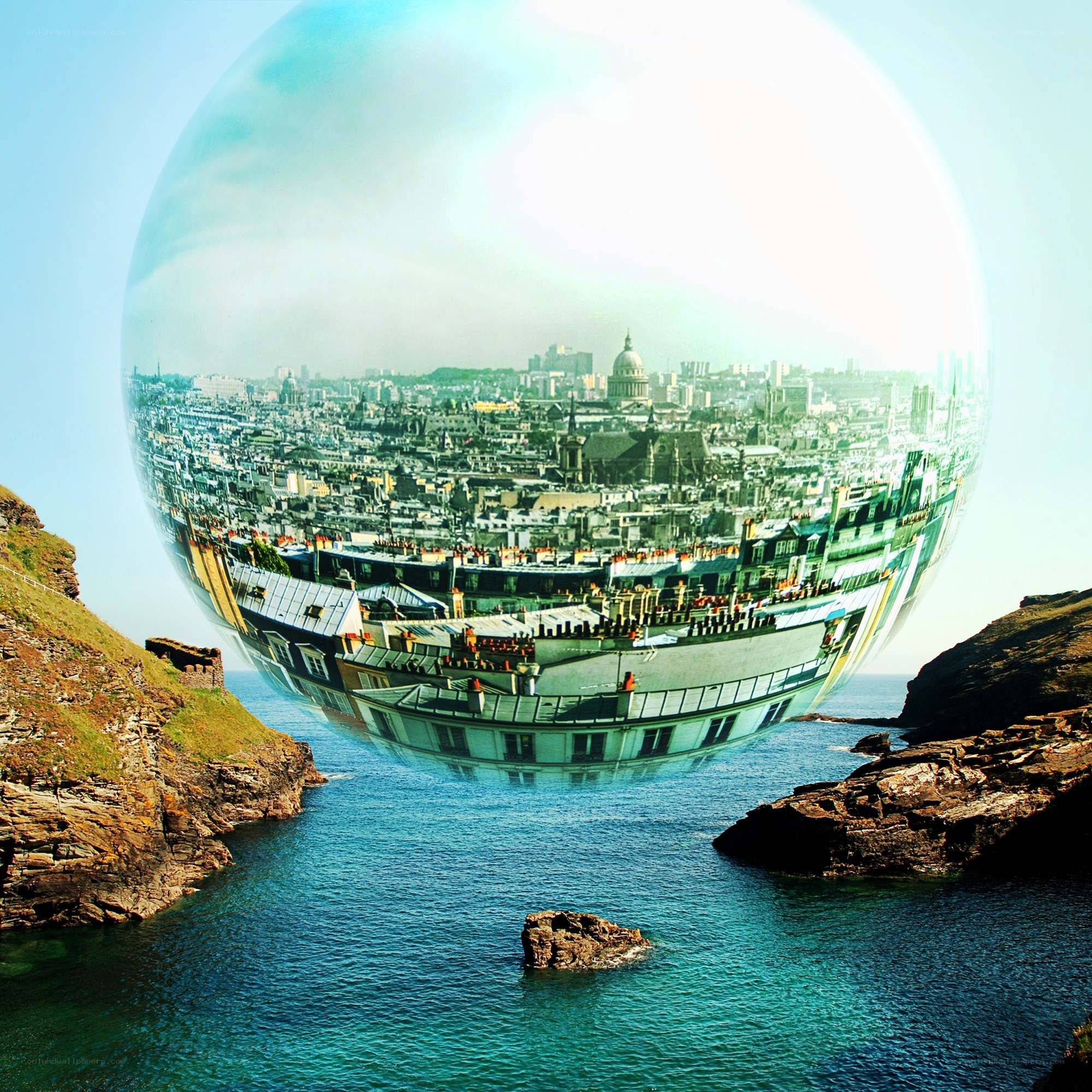 city in a bubble over sea