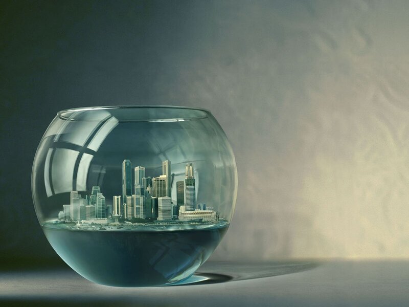 City in a Fishbowl — Blue, Dramatic, Digital Art