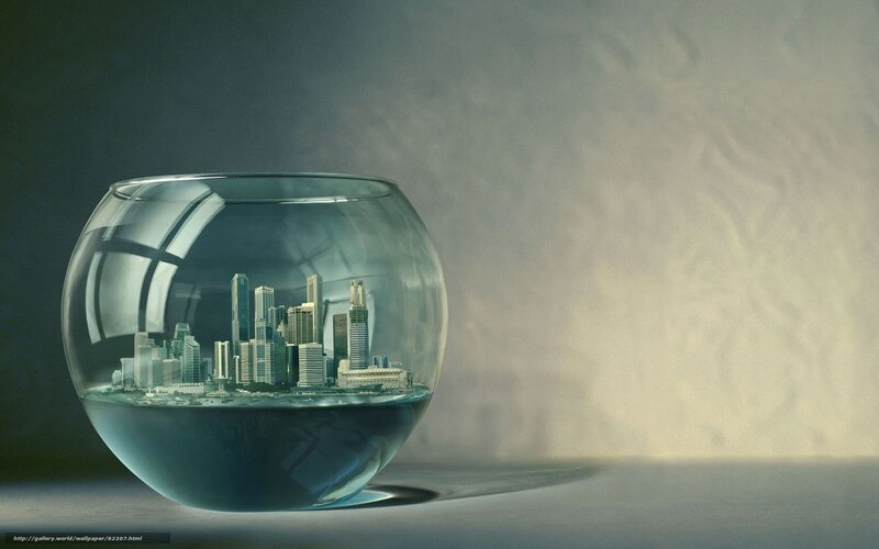 City in a Fishbowl — Gray, Dramatic, Digital Art, Skyscraper