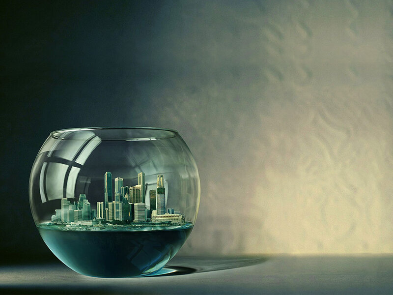 City in a Fishbowl — Gray, Dramatic, Digital Art, Skyscraper, Water