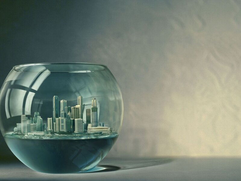 City in a Fishbowl — Gray, Dramatic, Digital Art