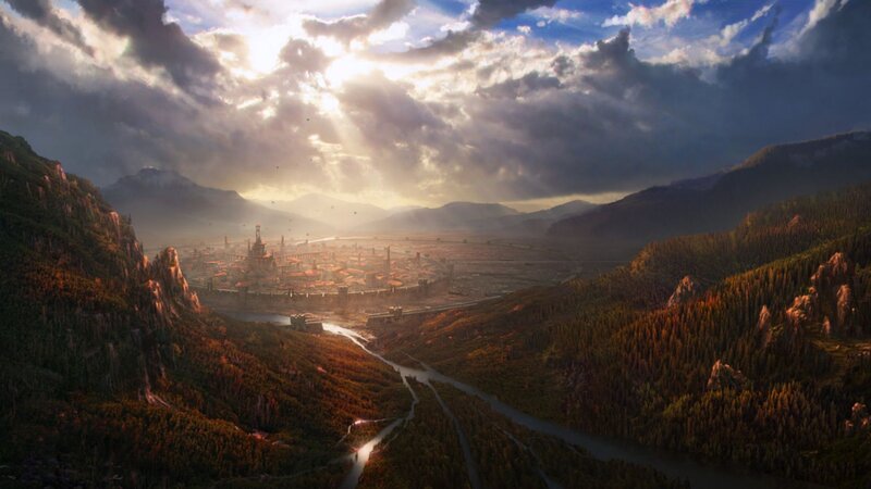 City in Mountain Valley — Blue, Dramatic