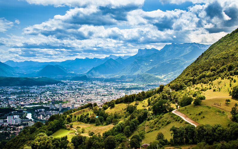 City in Mountain Valley — Green, Serene