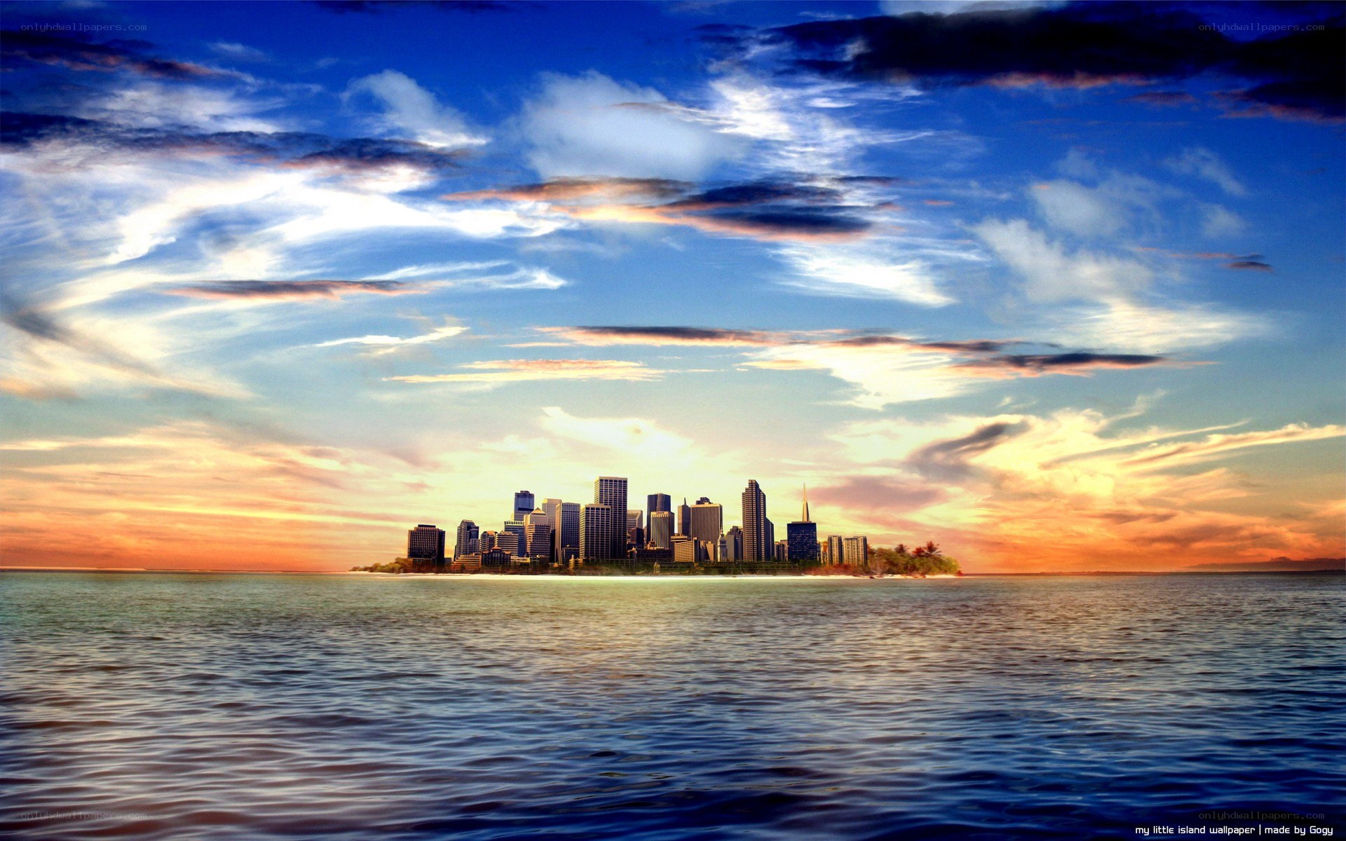 city island at sunset