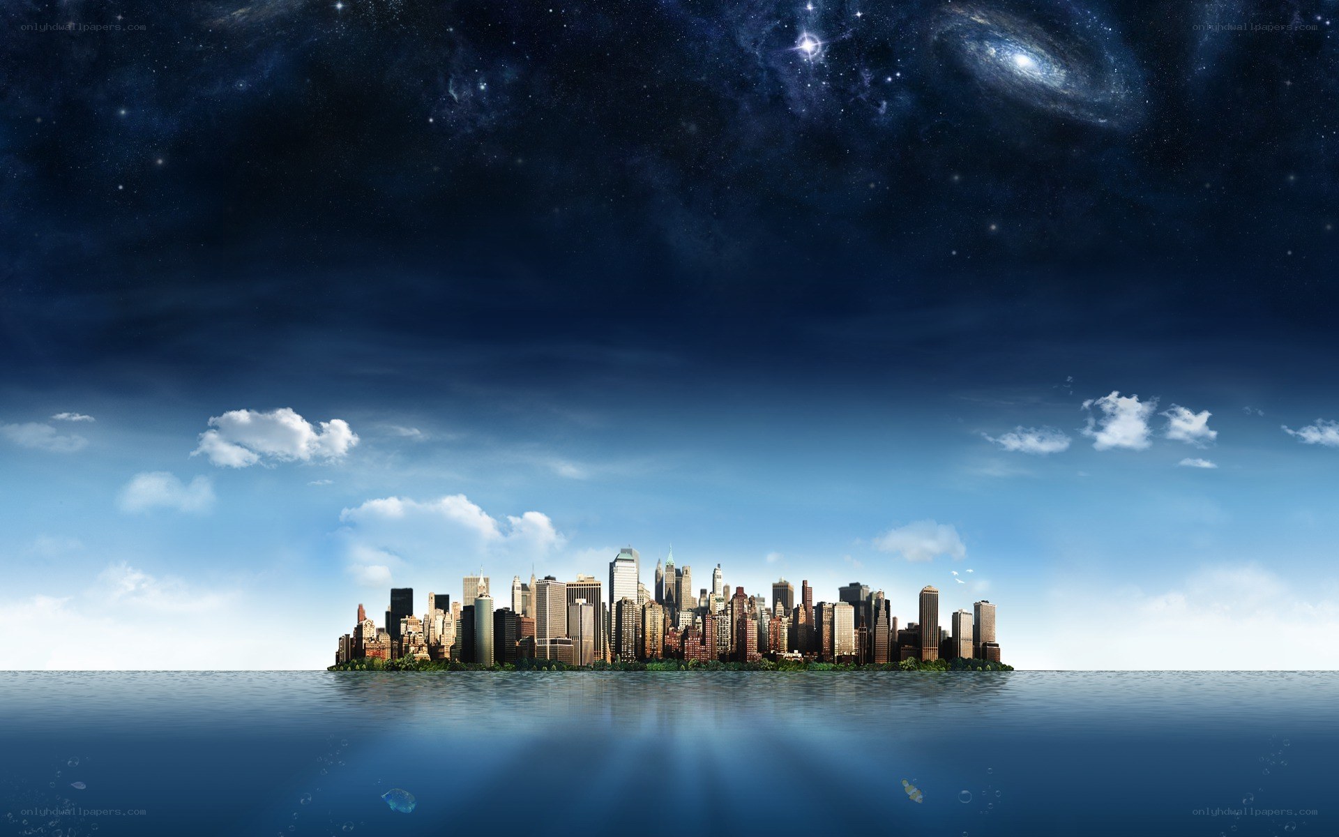 city island under starry sky