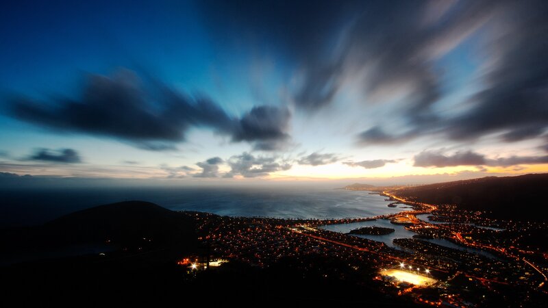 City Lights at Dusk — Blue, Dramatic, Night, Photograph, Ocean
