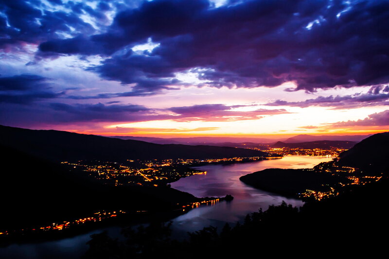 City Lights at Dusk — Purple, Dramatic, Sunset