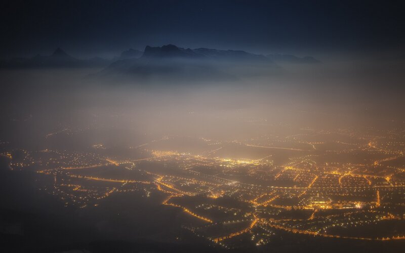 City Lights at Night — Black, Dramatic, Photograph