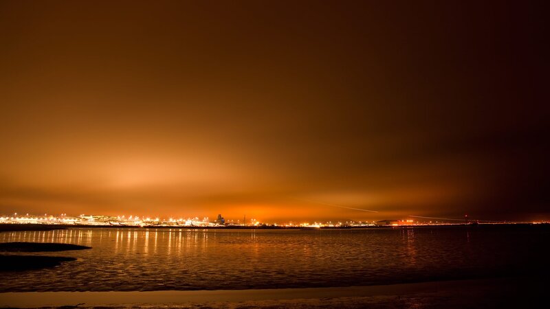 City Lights at Night — Orange, Calm, Photograph, Water