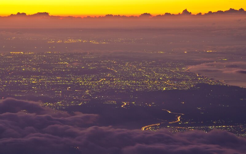 city lights at sunset from above