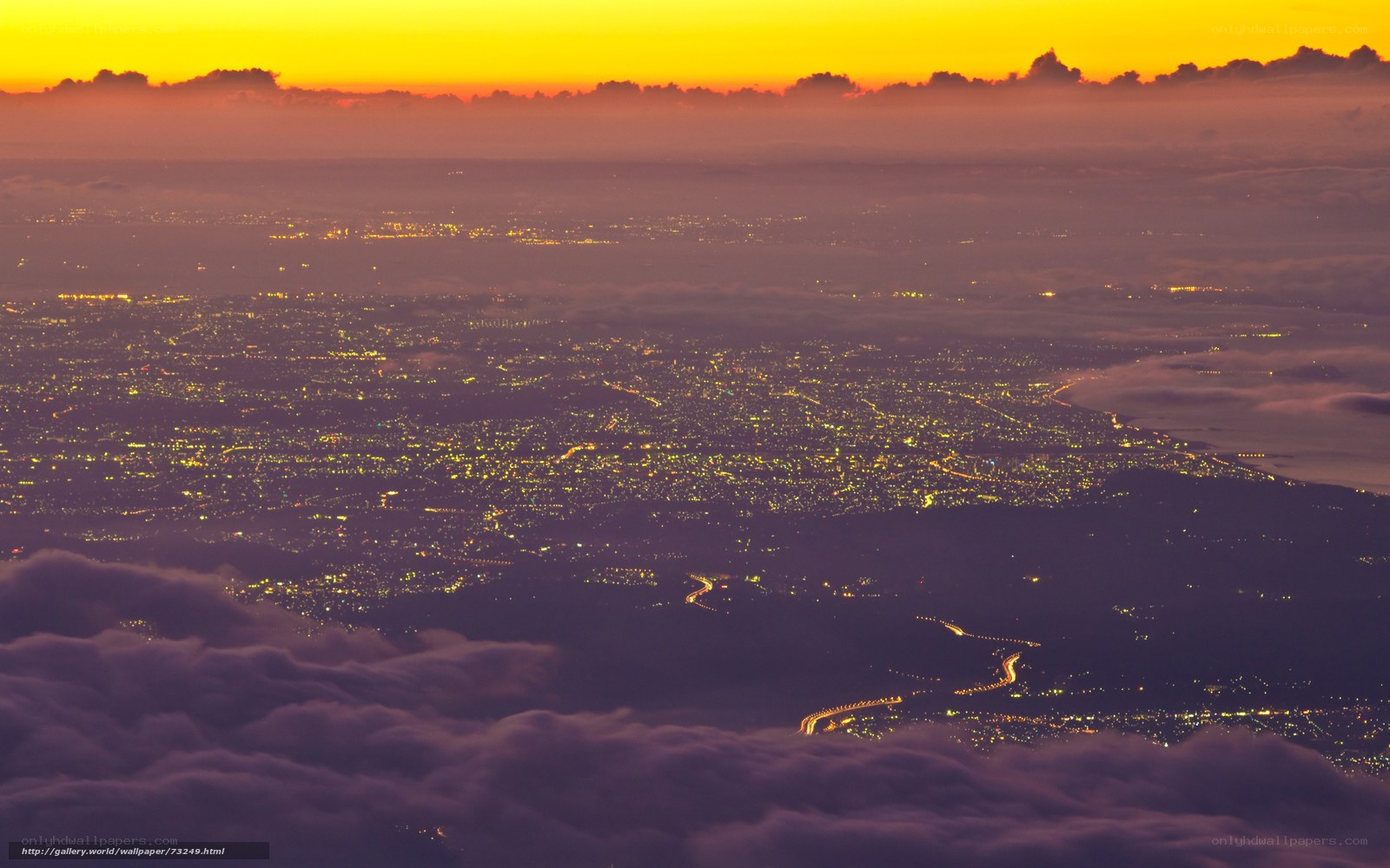City lights at sunset from above