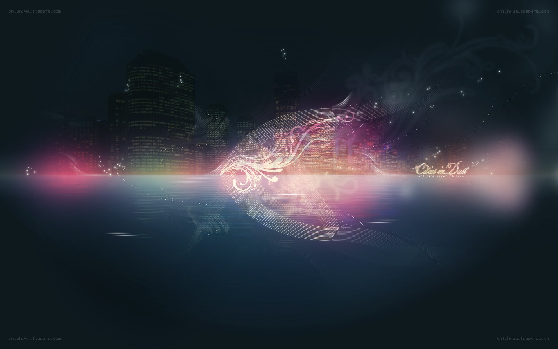 City lights with abstract swirls