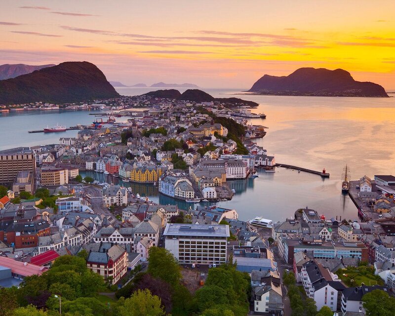 City on a Fjord at Sunset