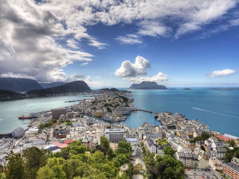 City on a Fjord — Blue, Dramatic, Afternoon, Photograph, Mountains