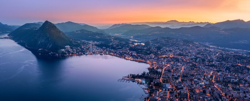 City on Lake at Sunset