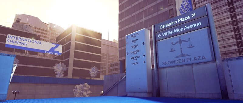 city plaza with directional signs