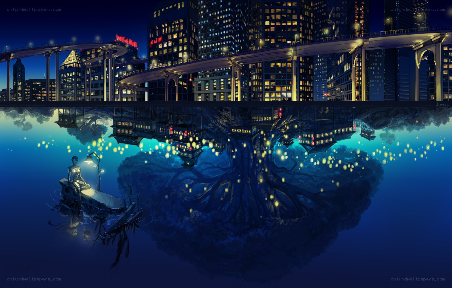 City reflected in water at night
