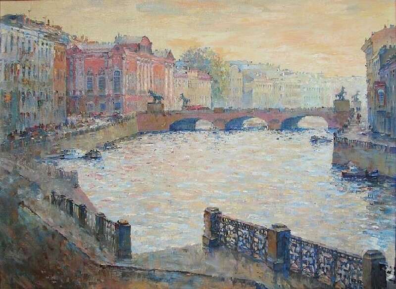 City river with bridge painting