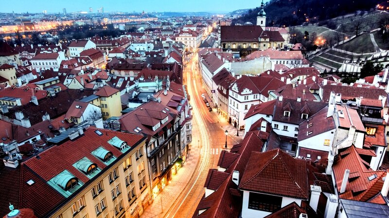 City Rooftops at Dusk — Red