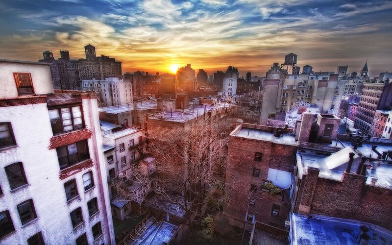 City Rooftops at Sunset — Orange, Dramatic, Photograph