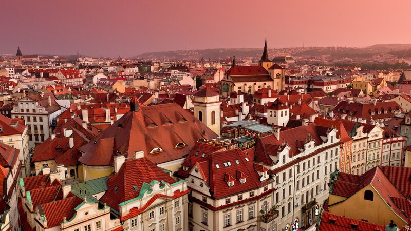 City Rooftops at Sunset — Red