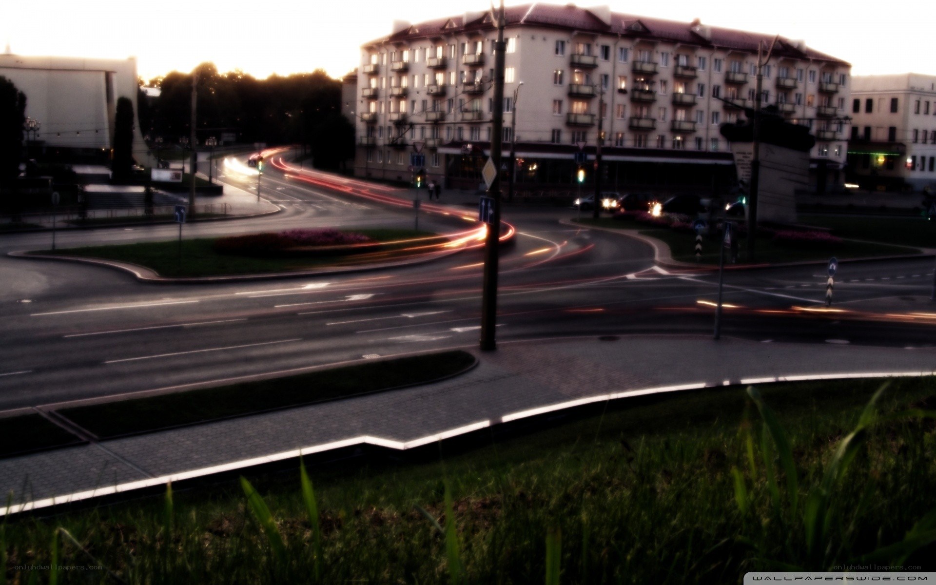 City roundabout at dusk