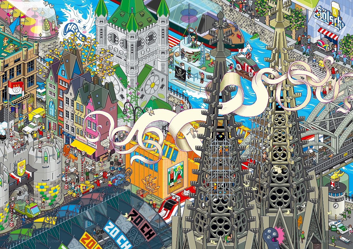 city scene with octopus