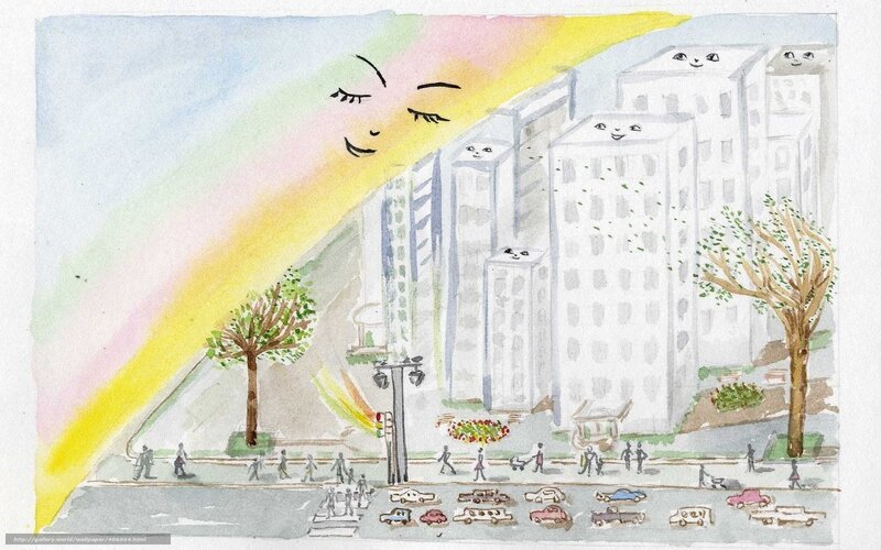 City scene with smiling buildings